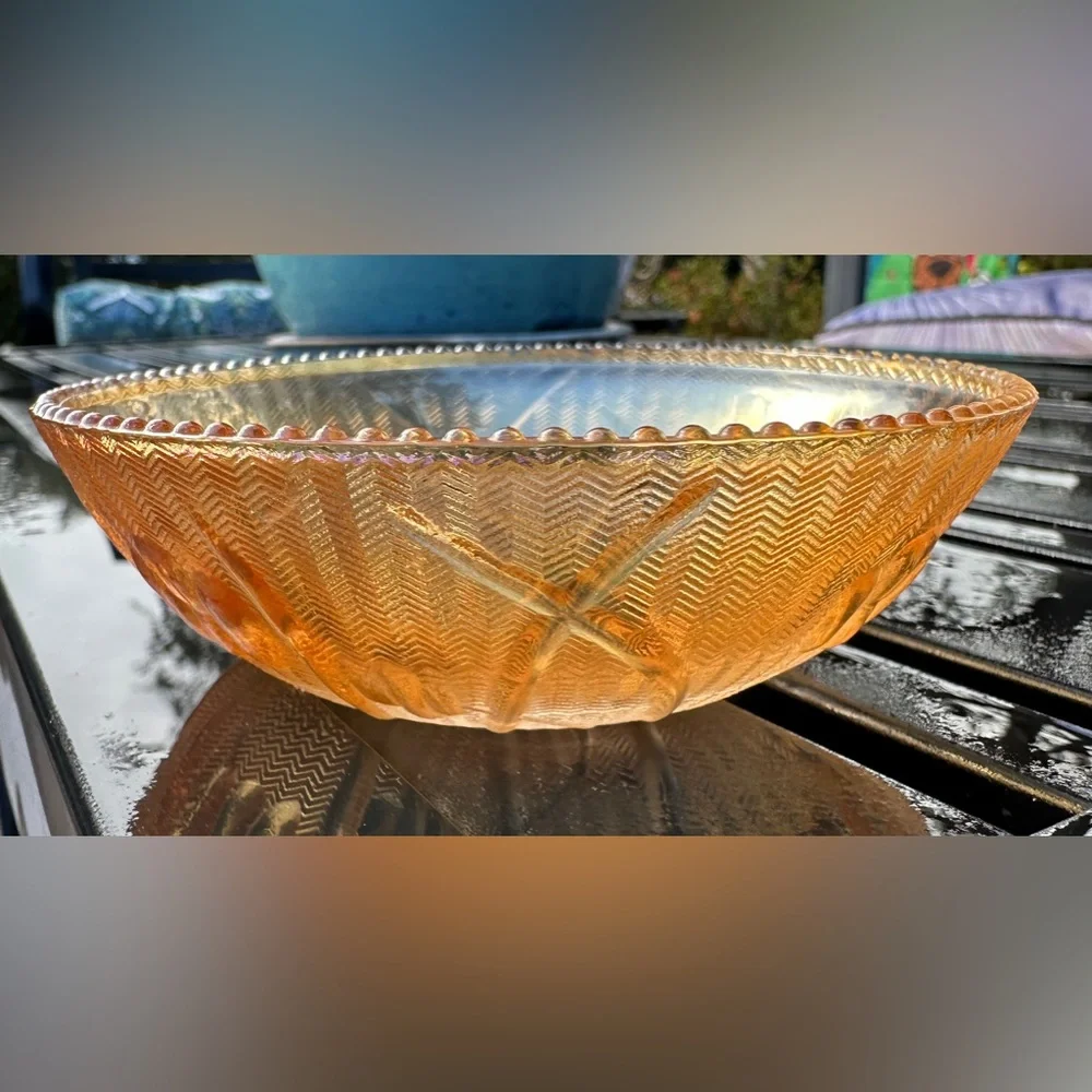 Carnival Glass Jeanette Iris & Herringbone Orange Iridescent Small Bowl VTG